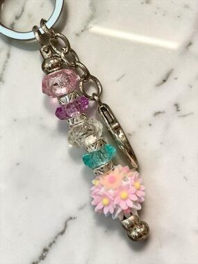 Colorful Pink Floral Beaded Keychain, Bag, or Keychain